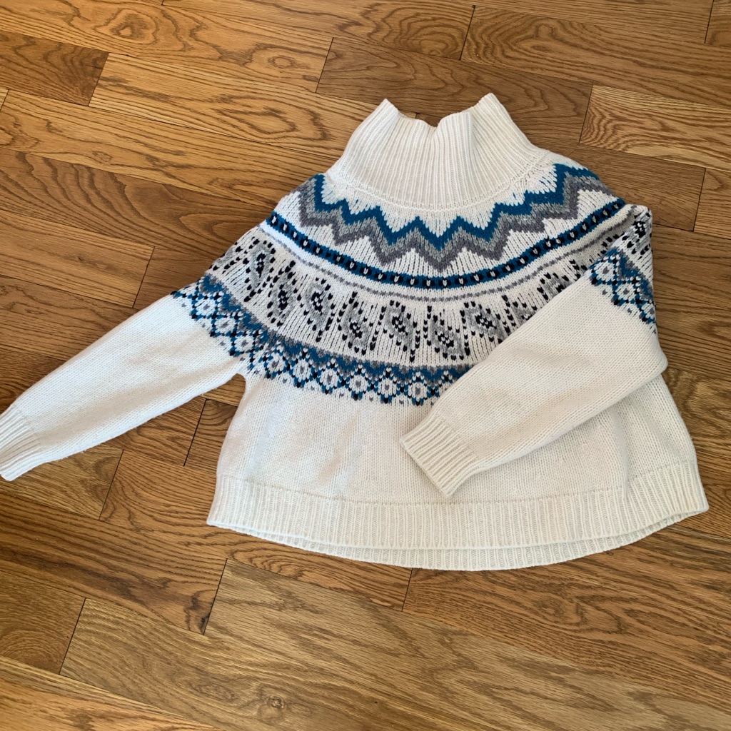 White Fair Isle Turtleneck Sweater With Blue Pattern